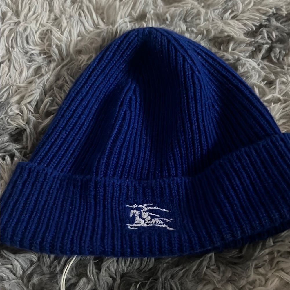 BURBERRY Blue Ribbed Beanie with Logo